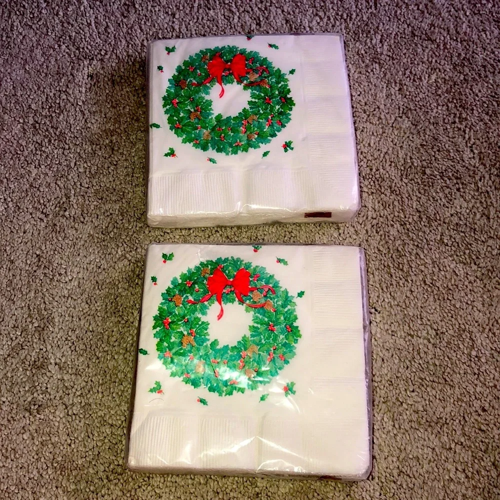 Hallmark‎ Vintage Deadstock Beverage Napkins Packs (2) Christmas Wreath Print